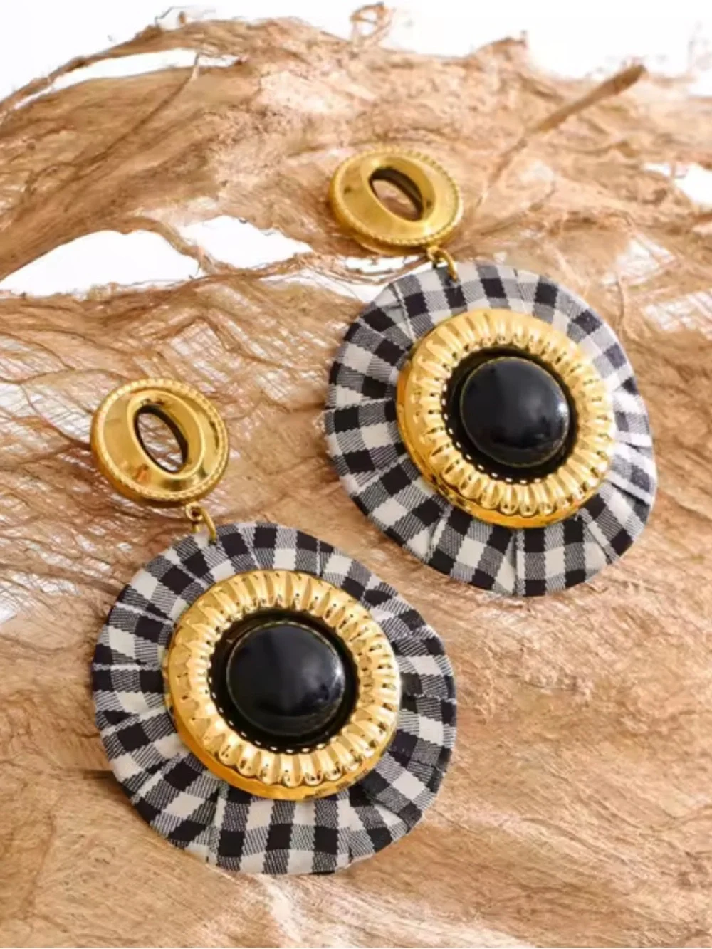Parisian Chic Gingham Black Gold Earrings
